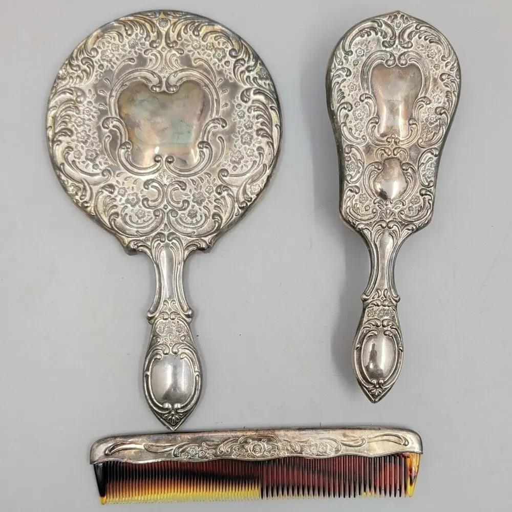 Vintage Mirror Brush Comb Vanity Set Silver Plated Art Nouveau Repousse